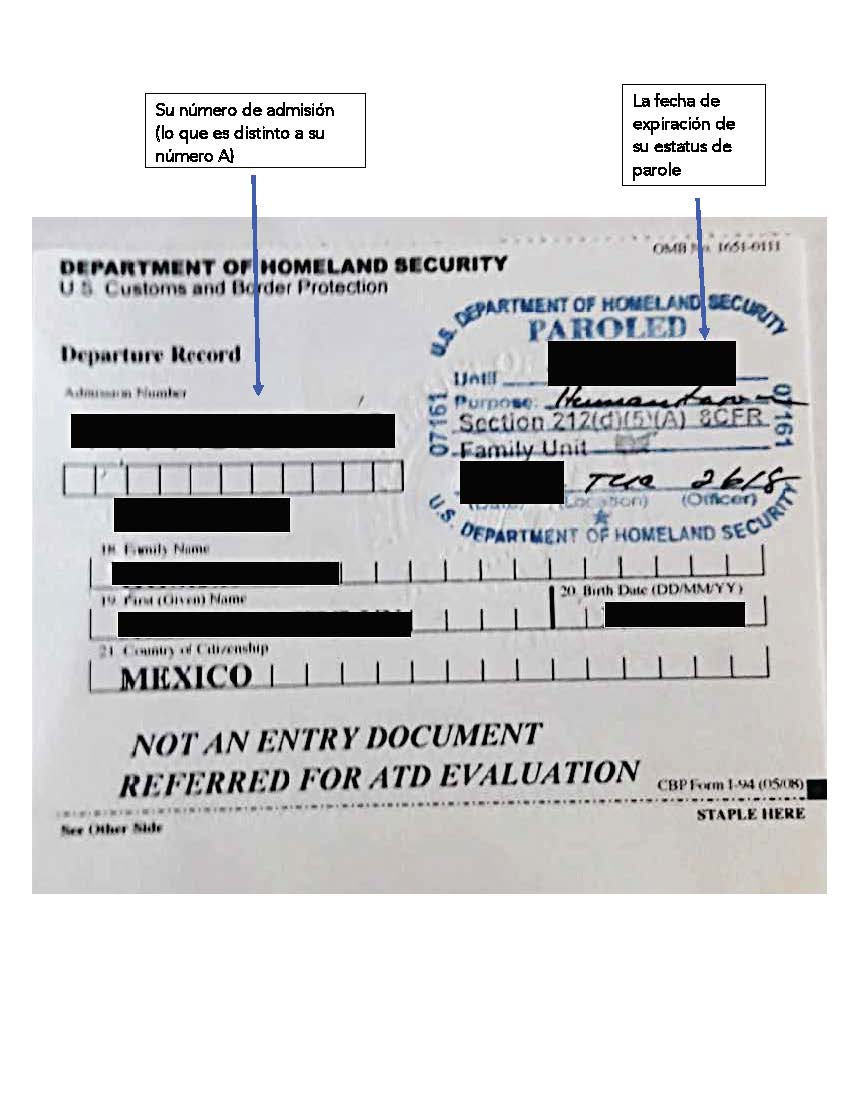 Documento 1 de Parole I94 en Tarjeta Recursos para Solicitantes de